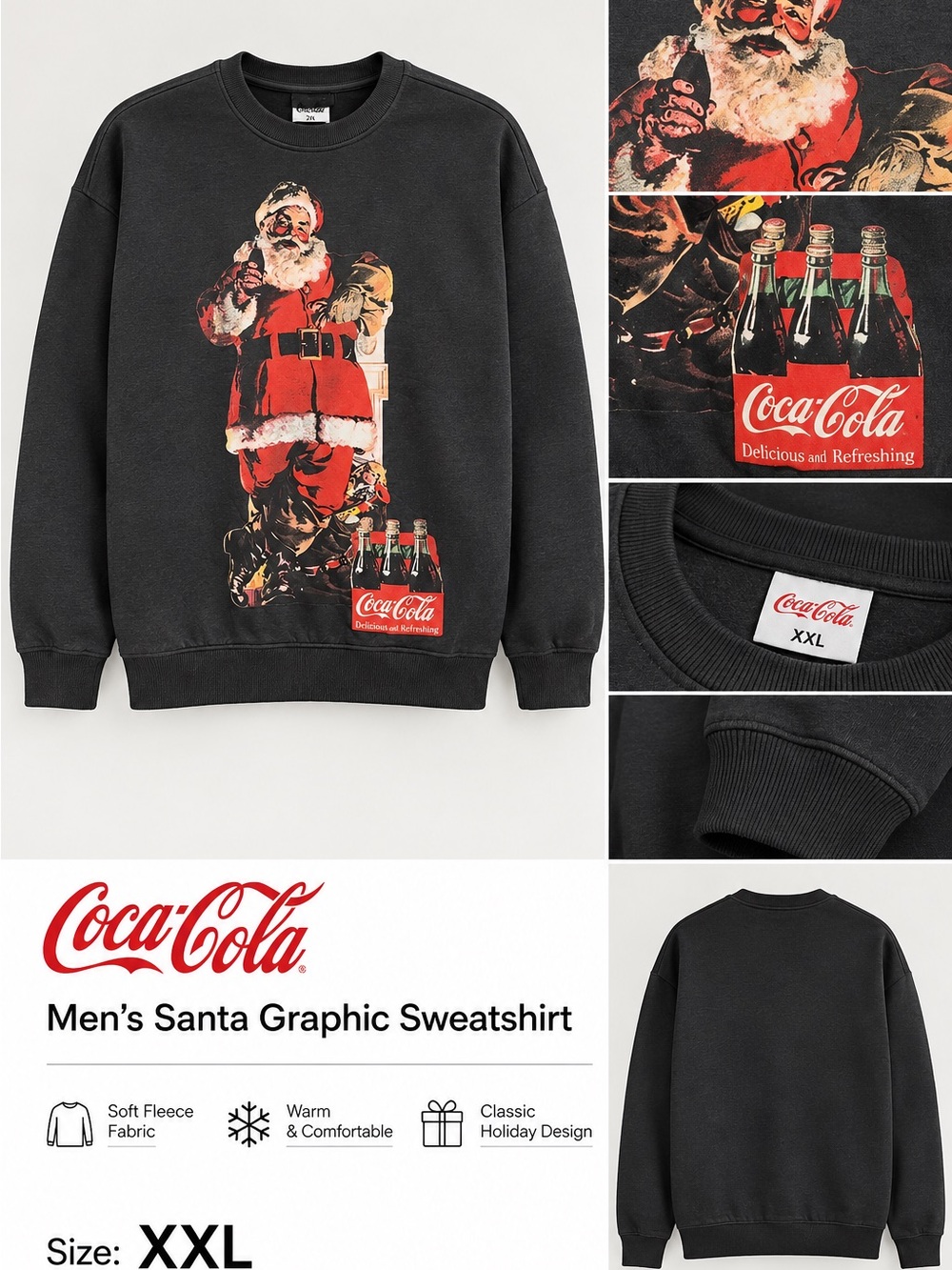 Coca Cola Black Crewneck with Santa & Bottle Graphic